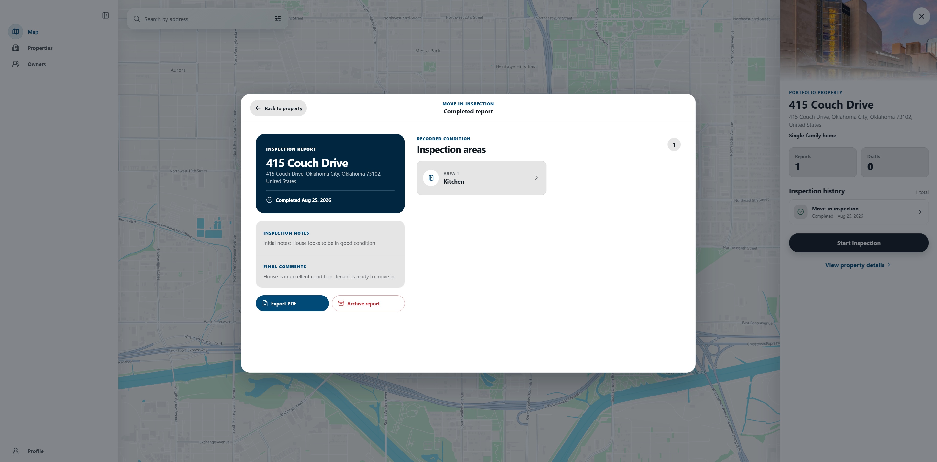 FieldSeen desktop application displaying a completed move-in inspection report