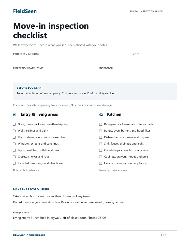Move-in checklist, page 1 of the four-page FieldSeen move-in and move-out bundle, with property details, room checkboxes, and notes.