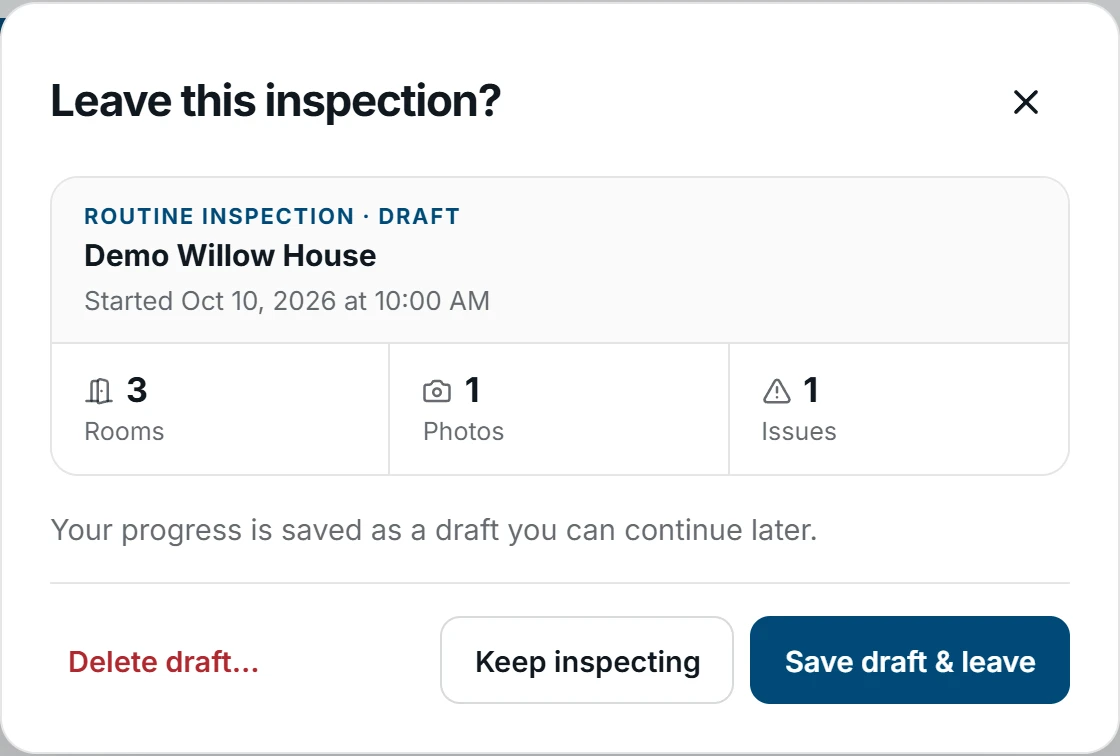 Desktop dialog for a fictional routine inspection draft, showing three rooms, one photo, one issue, and the Save draft and leave action.