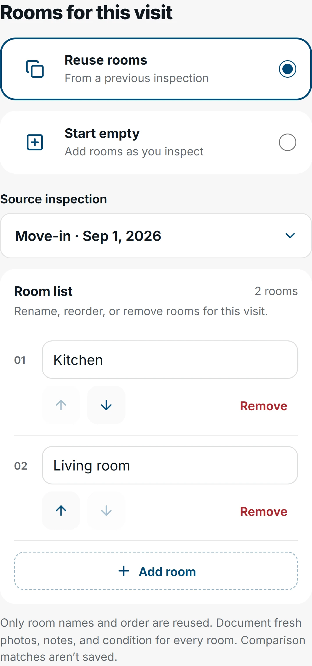 Mobile room setup reusing Kitchen and Living room from a fictional previous move-in inspection, with controls to rename, reorder, remove, or add rooms.