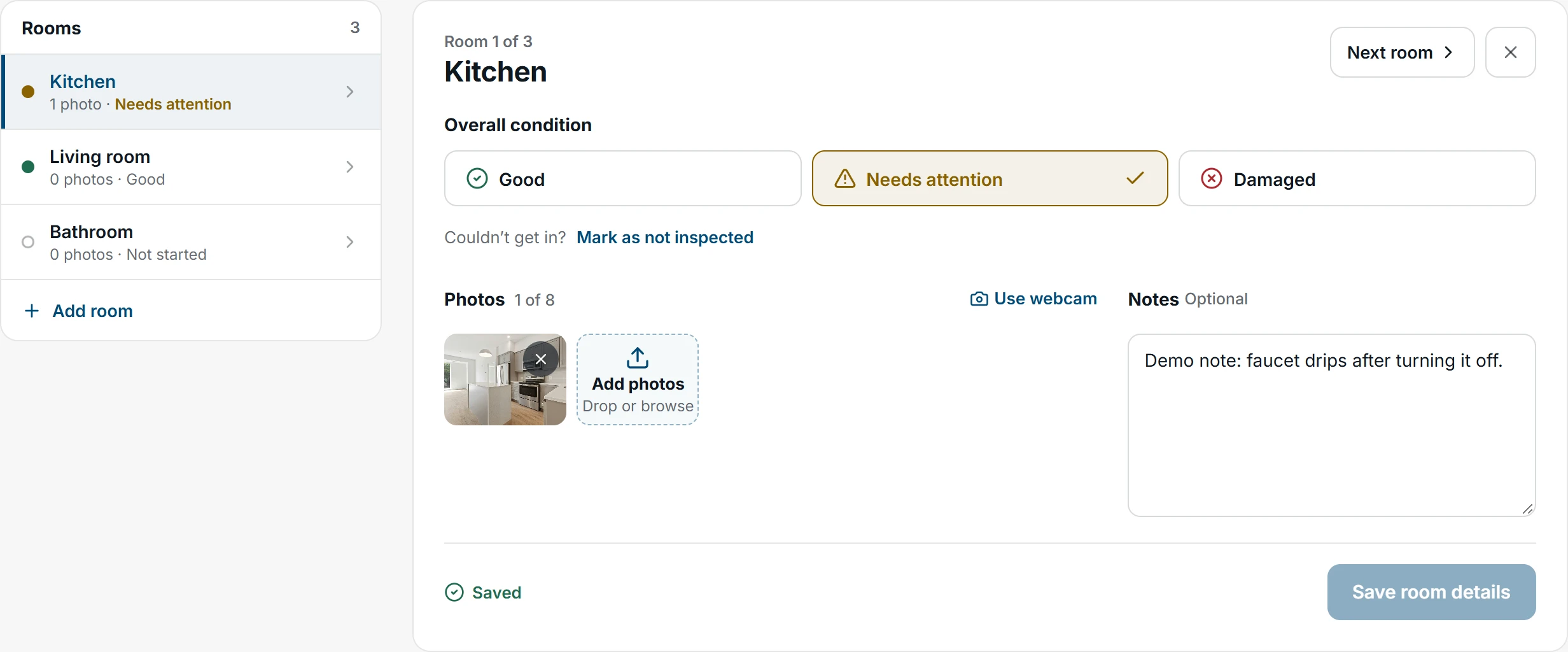 Desktop room editor with a fictional Kitchen record: needs-attention condition, an illustrative photo, and a demo faucet note alongside the room list.