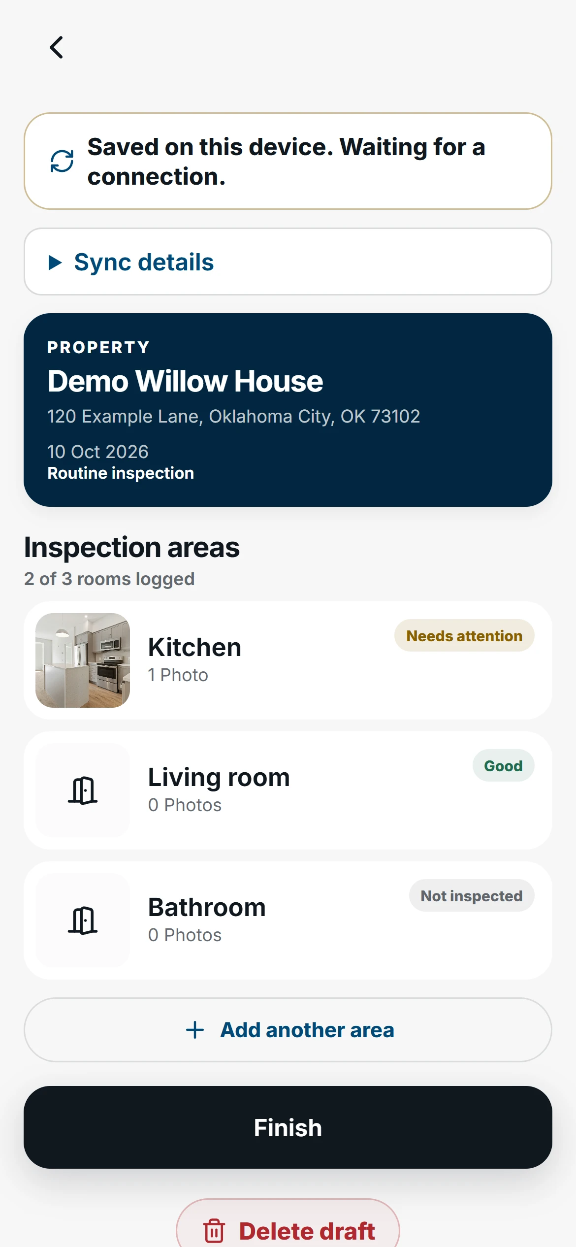 Mobile demo inspection at Demo Willow House with two of three rooms logged and the status Saved on this device, waiting for a connection.