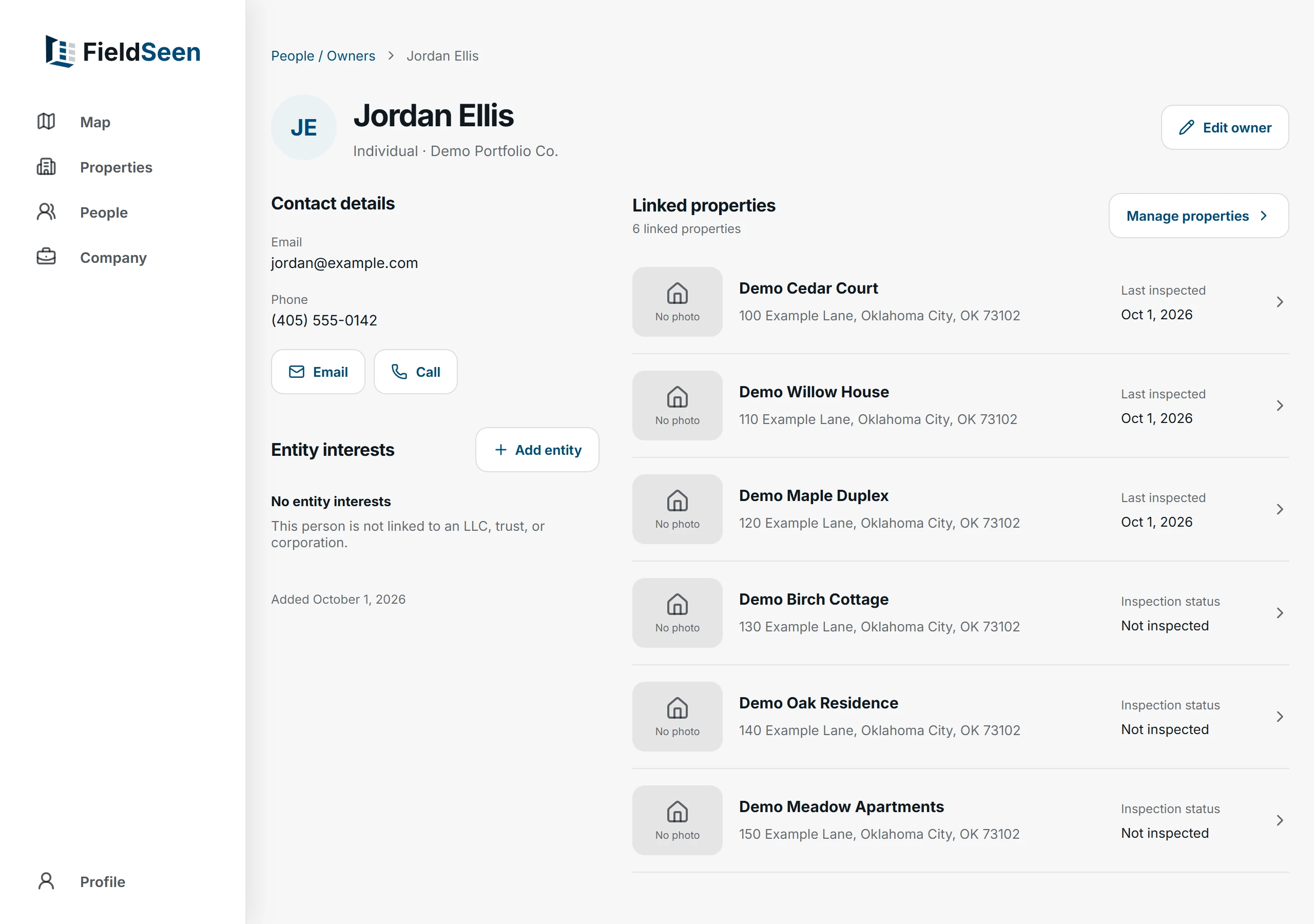 Fictional owner Jordan Ellis’s desktop record with example contact details and six linked demo properties.