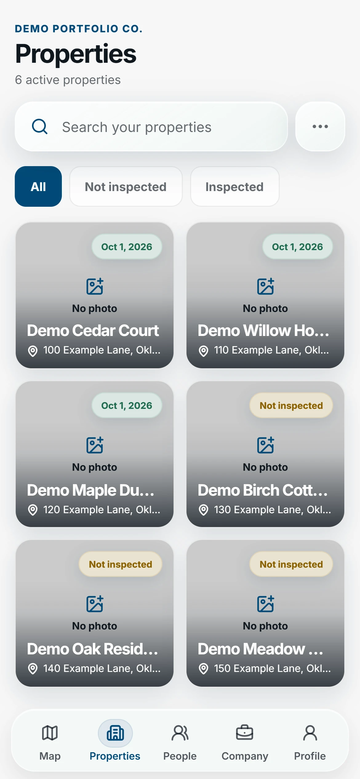 FieldSeen mobile portfolio with the same six fictional properties shown in the desktop examples, search, and inspection filters.