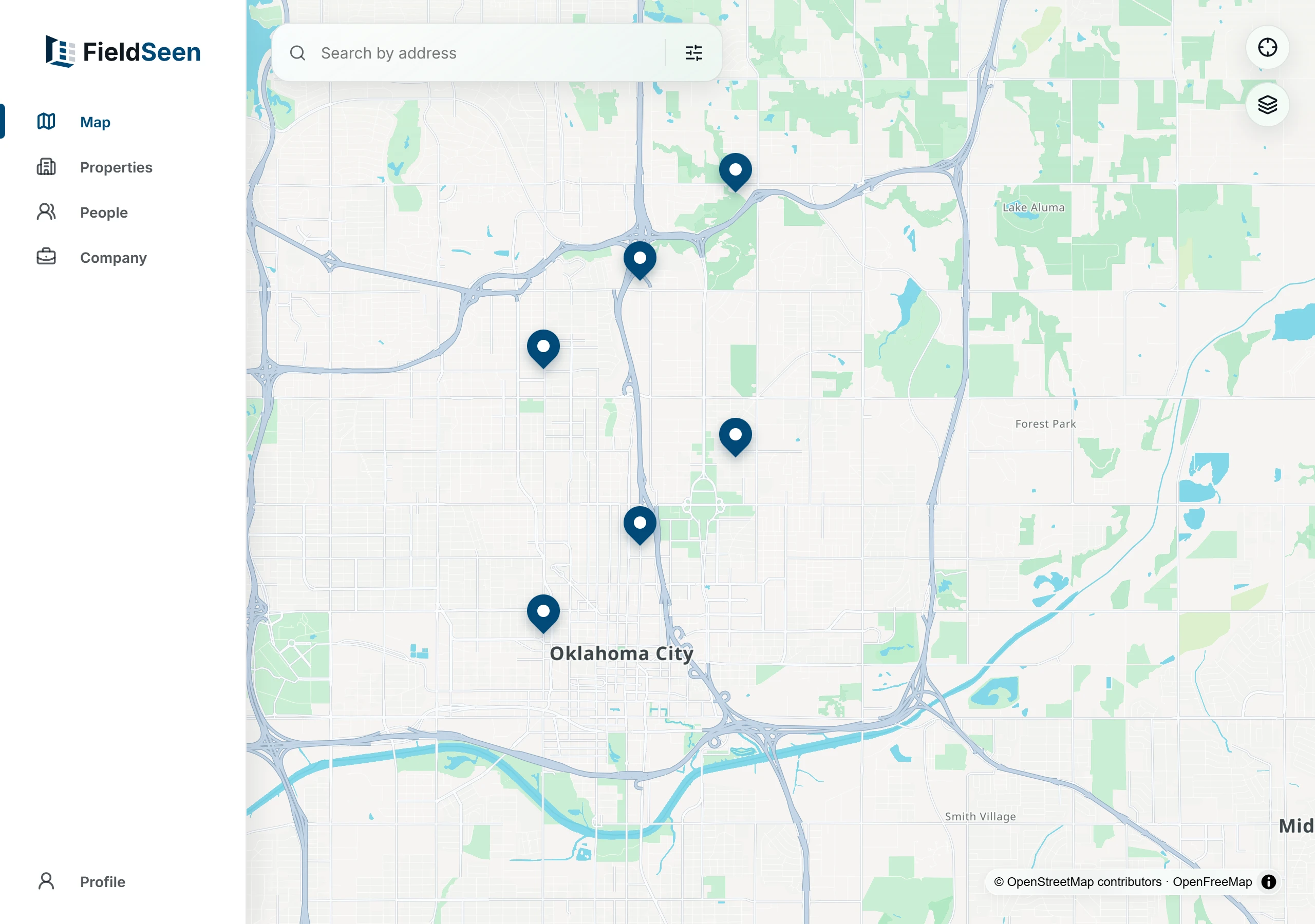 FieldSeen desktop portfolio map with six fictional property pins and address search.