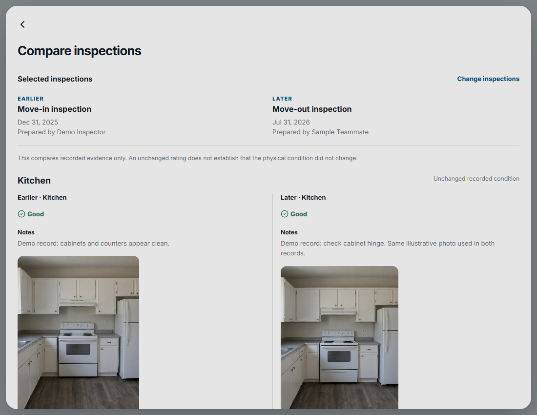 Compare inspections screen with a kitchen at move-in and move-out, side by side.