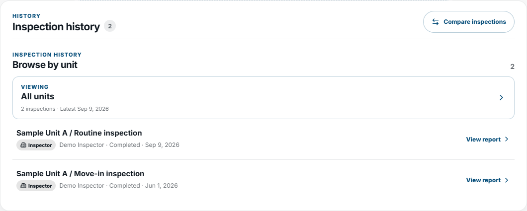 Inspection history for a unit, listing past inspections with preparer and date.