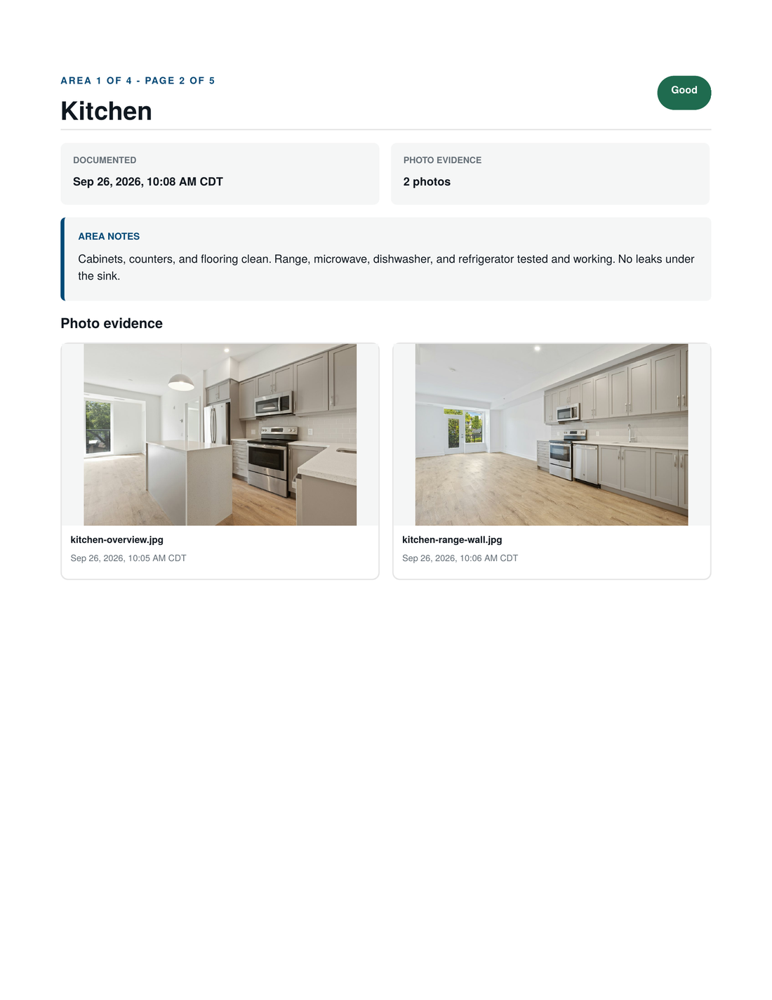Kitchen page of the sample report, marked Good, with the documented time, area notes, and two timestamped photos.