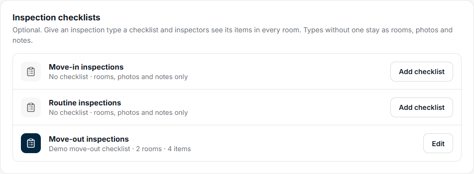 FieldSeen desktop inspection checklist settings showing the fictional saved Demo move-out checklist and Add checklist controls for move-in and routine inspections.