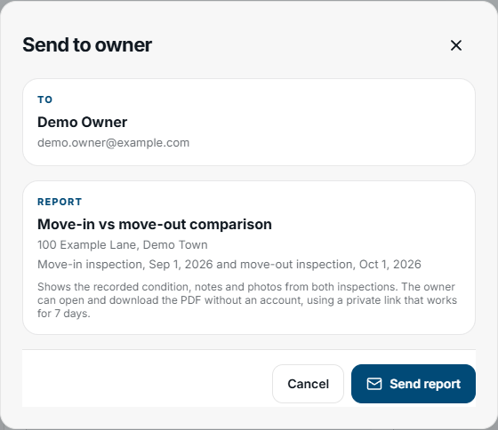 FieldSeen Send to owner review for fictional Demo Owner and demo.owner@example.com, showing the saved comparison and two visit dates.