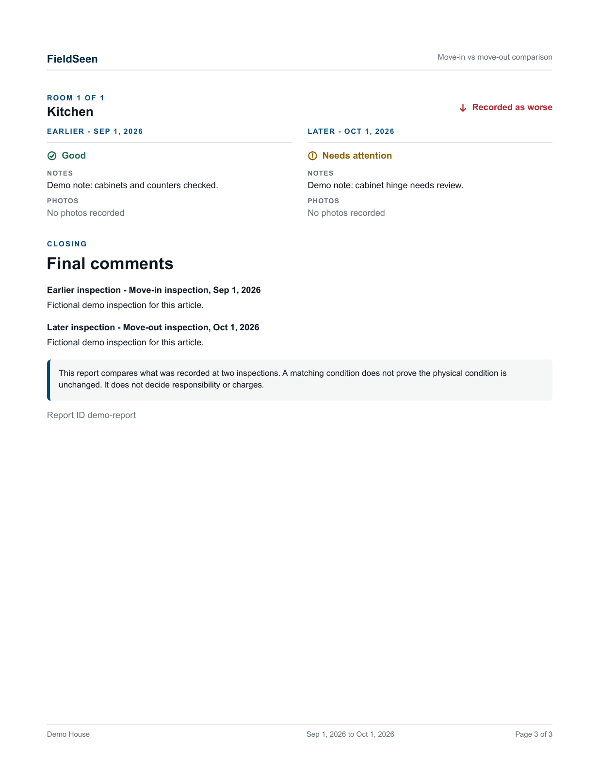 Page three of a comparison PDF rendered by FieldSeen's actual report renderer, showing fictional earlier and later Kitchen ratings and notes, final comments, and the responsibility caveat.