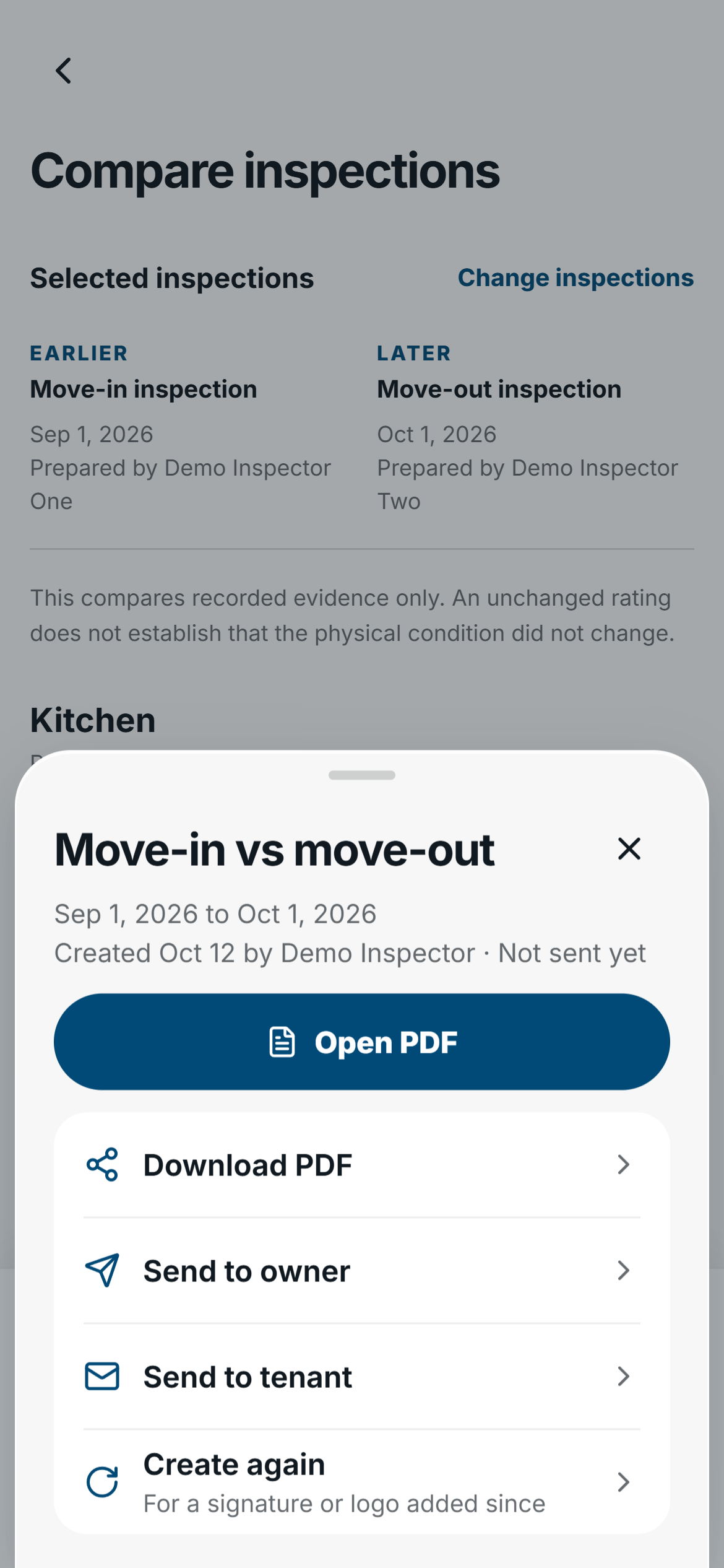 FieldSeen phone action sheet for a fictional saved comparison report, showing Download PDF, Send to owner, Send to tenant, and Create again.