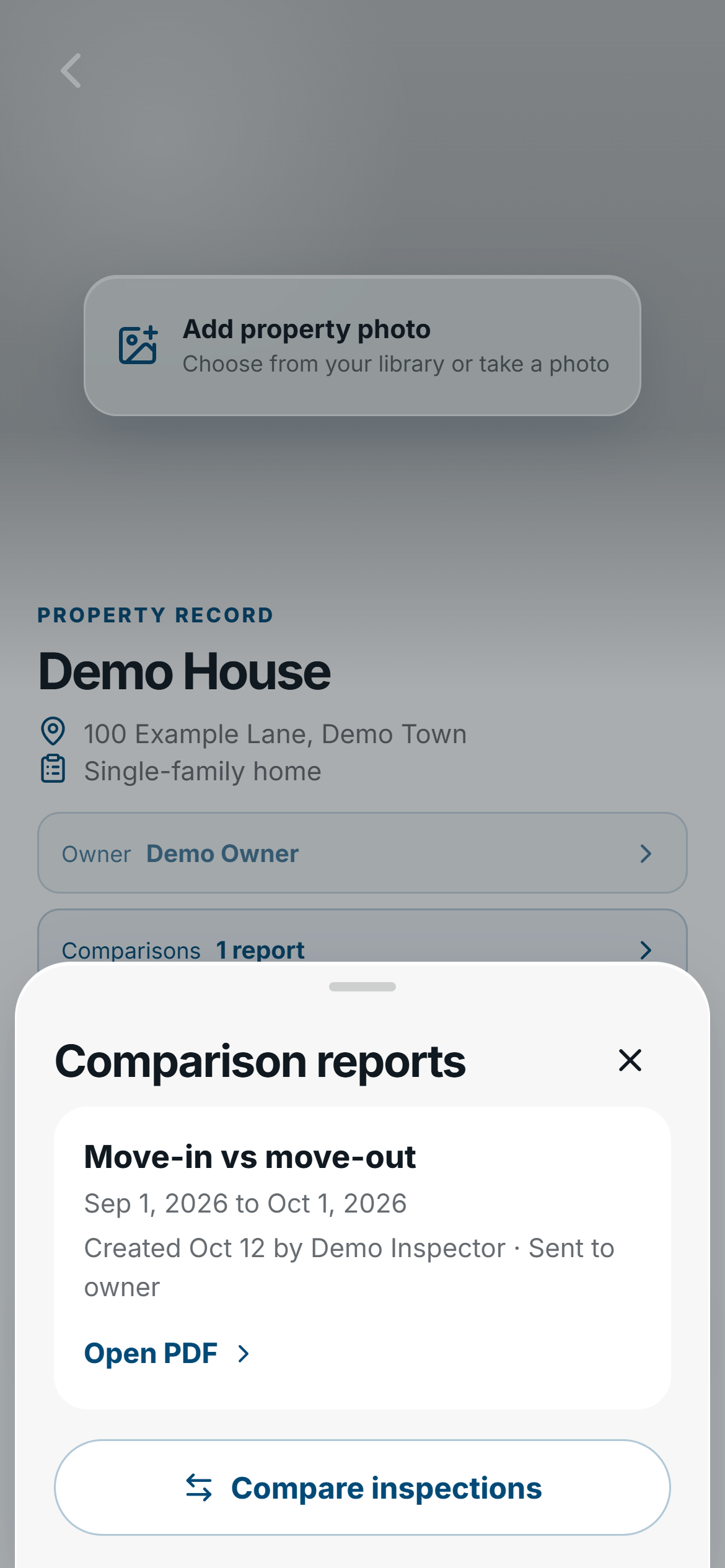 FieldSeen phone Comparison reports list with a fictional saved move-in to move-out report and Compare inspections control.