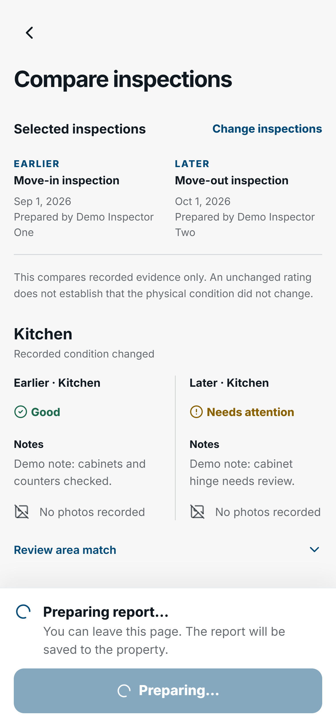 FieldSeen phone comparison with Preparing report status after the fixture request was accepted.
