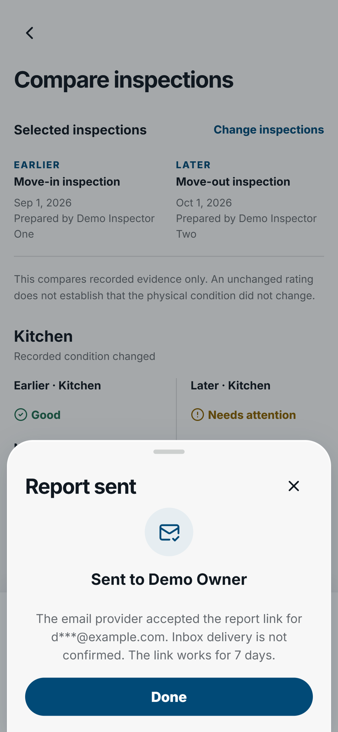 FieldSeen fictional comparison Report sent confirmation distinguishing email-provider acceptance from inbox delivery.