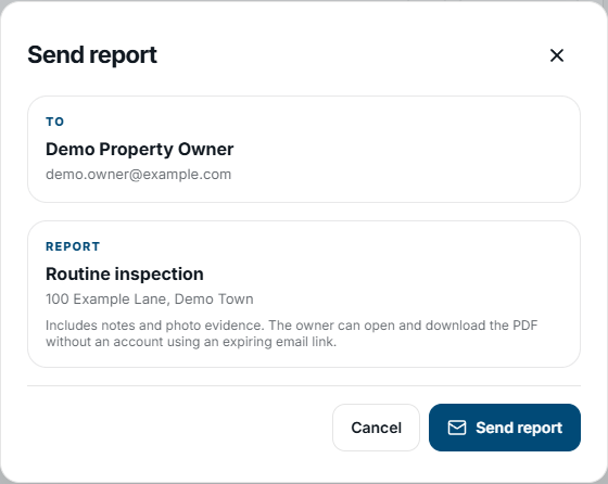 FieldSeen Send report confirmation showing fictional Demo Property Owner, demo.owner@example.com, and a routine inspection for Demo House.