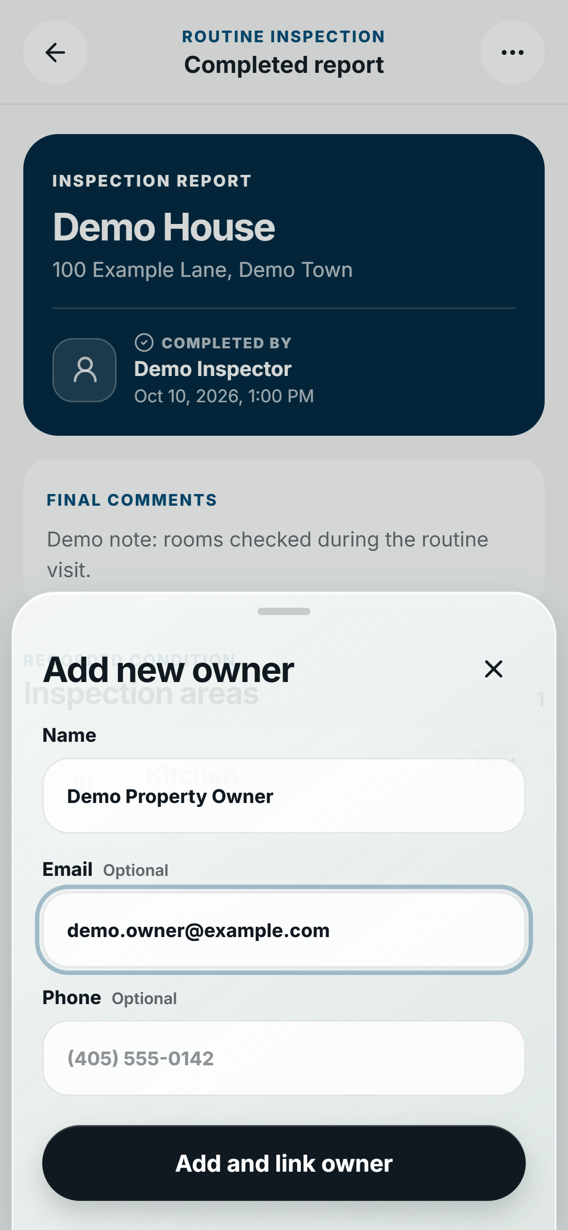 FieldSeen Add new owner form filled with fictional Demo Property Owner and demo.owner@example.com, with Add and link owner.