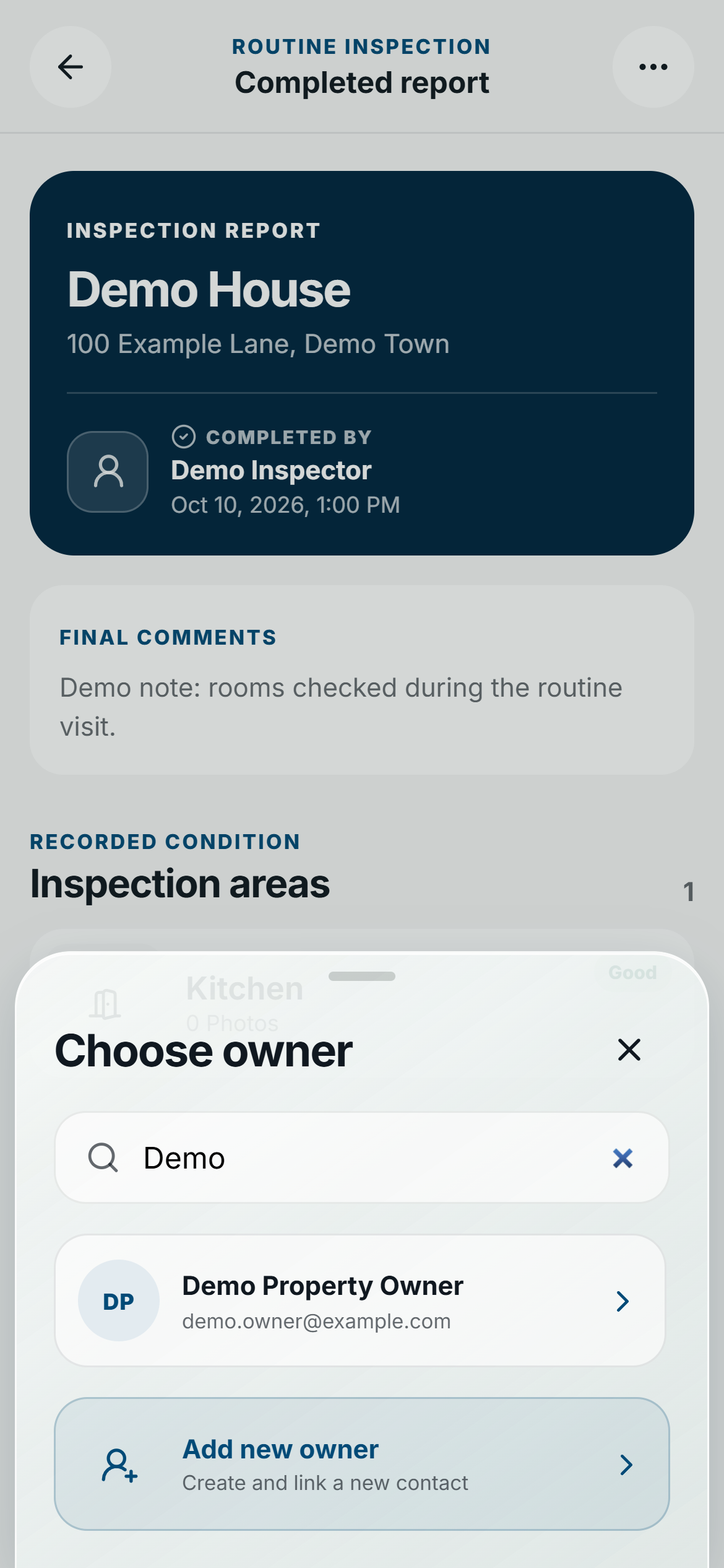 FieldSeen Choose owner sheet with a search result for fictional Demo Property Owner and Add new owner.