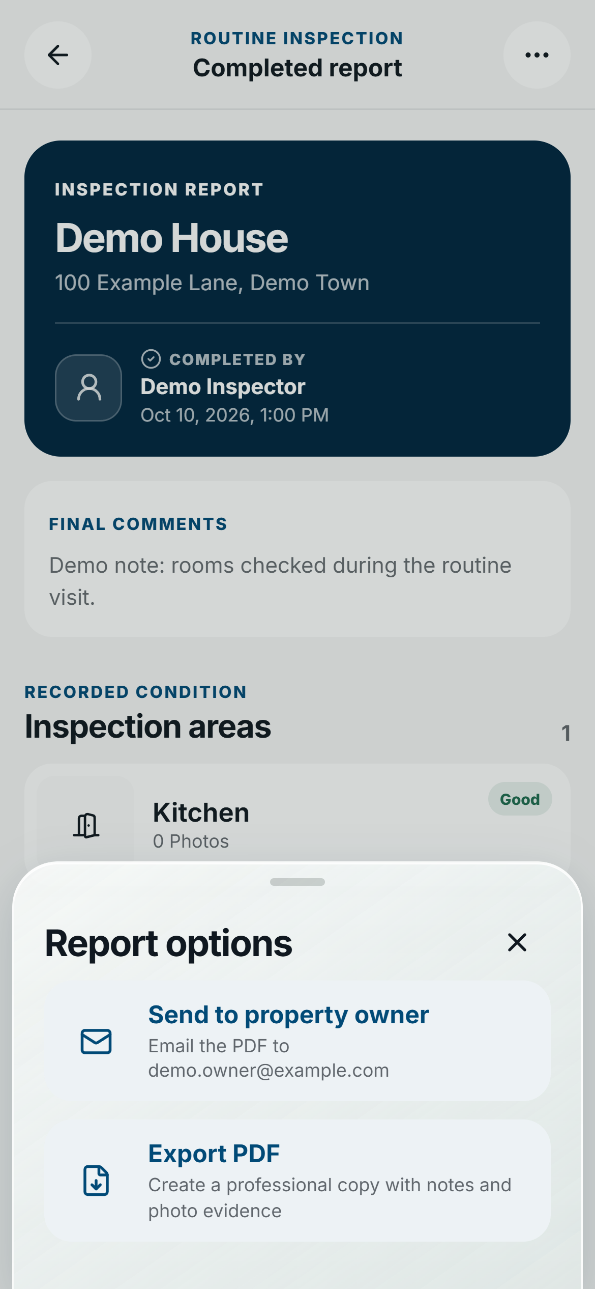 FieldSeen phone Report options sheet with Send to property owner for a fictional completed inspection.