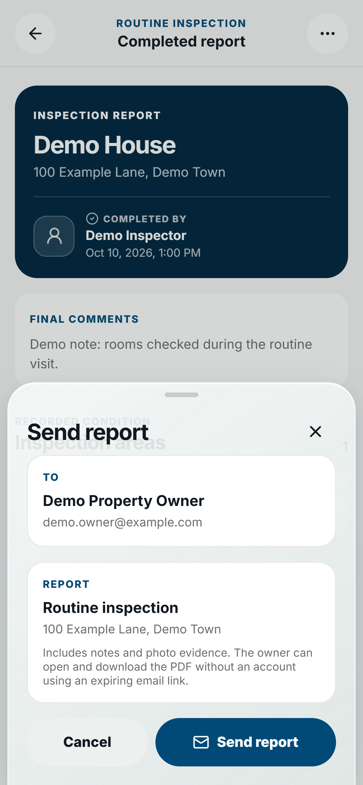 FieldSeen phone Send report confirmation with fictional Demo Property Owner, demo.owner@example.com, and routine inspection details.