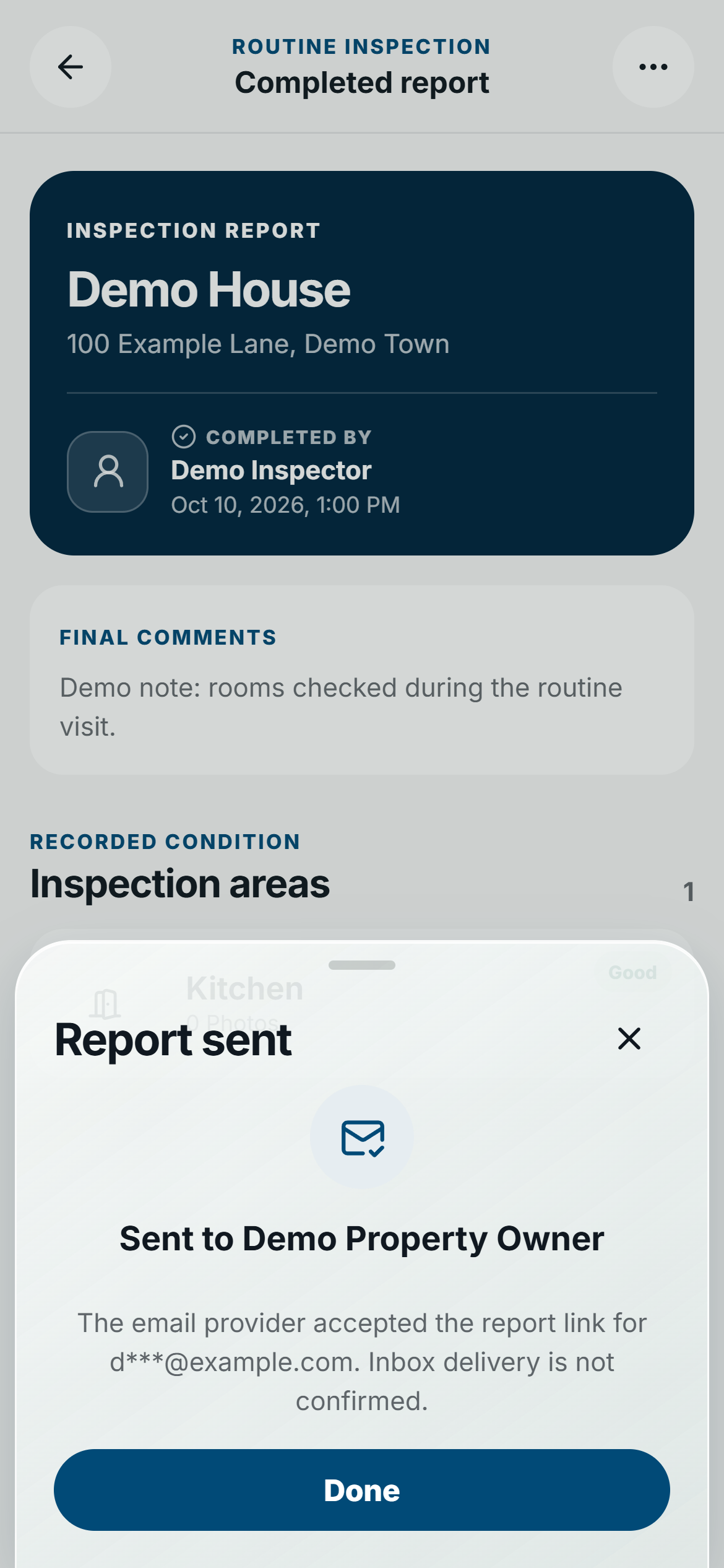 FieldSeen Report sent confirmation for a fictional owner, stating that the provider accepted the report link and inbox delivery is not confirmed.