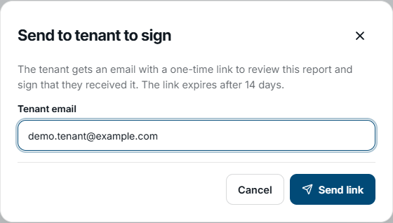 FieldSeen Send to tenant to sign dialog with fictional demo.tenant@example.com email and the Send link control.