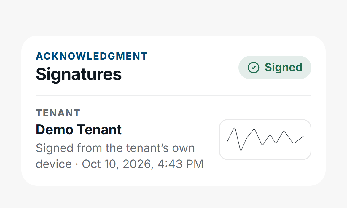 FieldSeen phone Signatures section showing Signed status, fictional Demo Tenant, and the signature drawn in the demo signing flow.